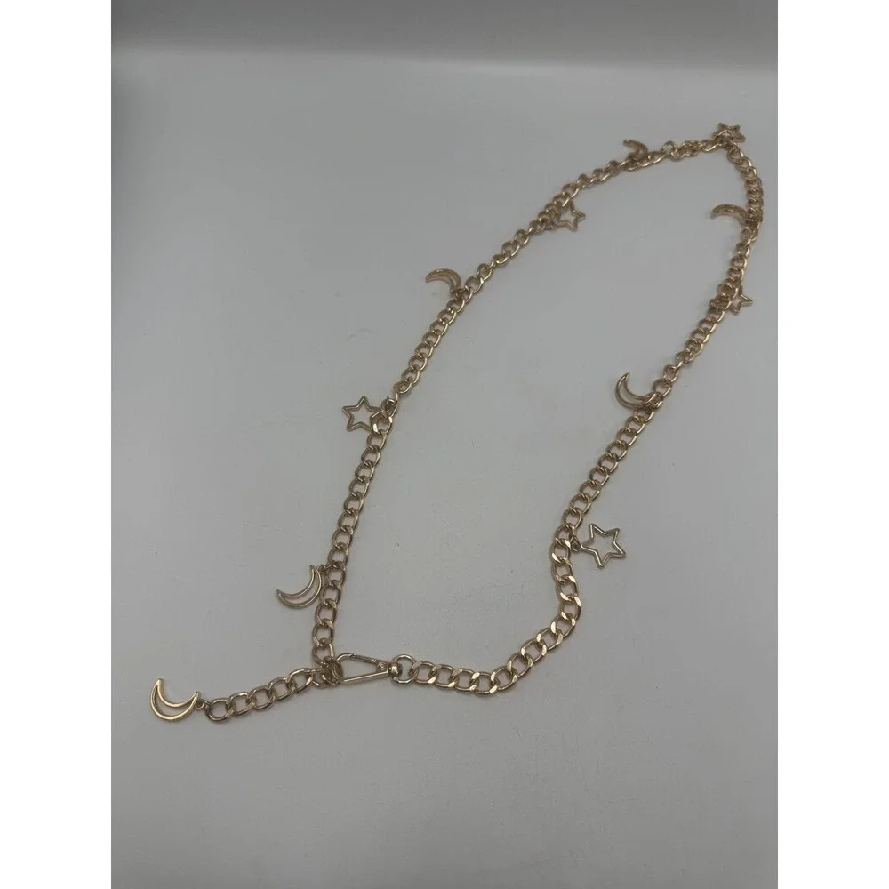 Gold Tone Celestial‎ Moon and Star Charm Chain Belt Adjustable Curb Link